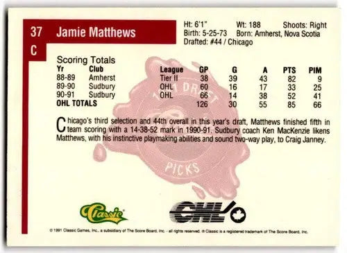 1991-92 Classic #37 Jamie Matthews NM Near Mint ID:43380 - Basketball Card Single