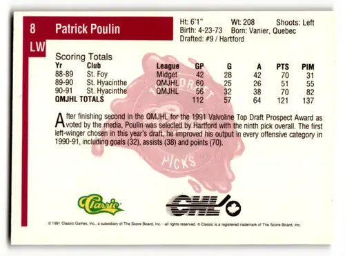 Patrick Poulin hockey card with original gloss from 1991-92 Classic series