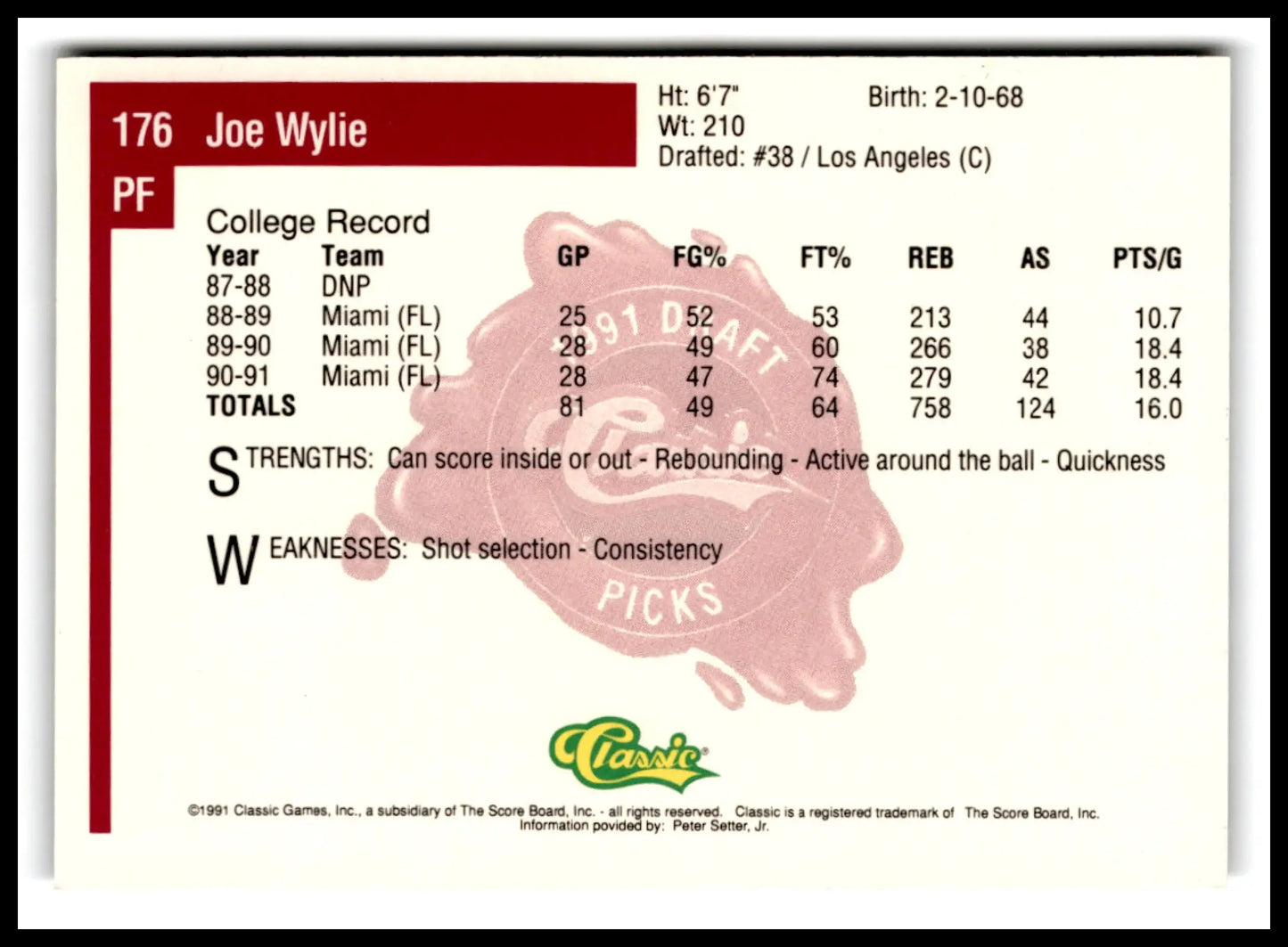 1991-92 Classic Basketball Joe Wylie #28 Miami Hurricanes - Basketball Card Single