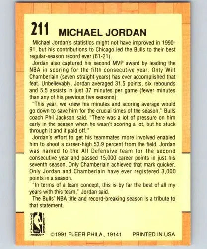 Original gloss Michael Jordan basketball card back from 1991-92 Fleer #211 Simply Sandoval