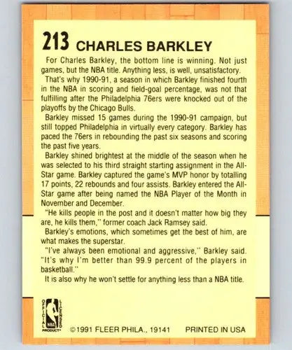 1991-92 Fleer #213 Charles Barkley NM Near Mint 76ers AS ID:82957 - Basketball Card Single