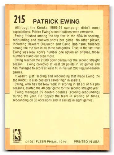 1991-92 Fleer #215 Patrick Ewing NM Near Mint Knicks AS ID:82865 - Basketball Card Single