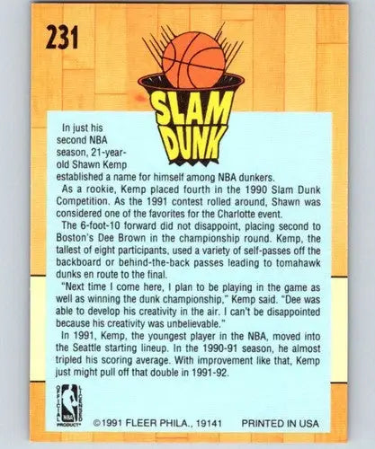 1991-92 Fleer #231 Shawn Kemp NM Near Mint SD ID:82491 - Basketball Card Single