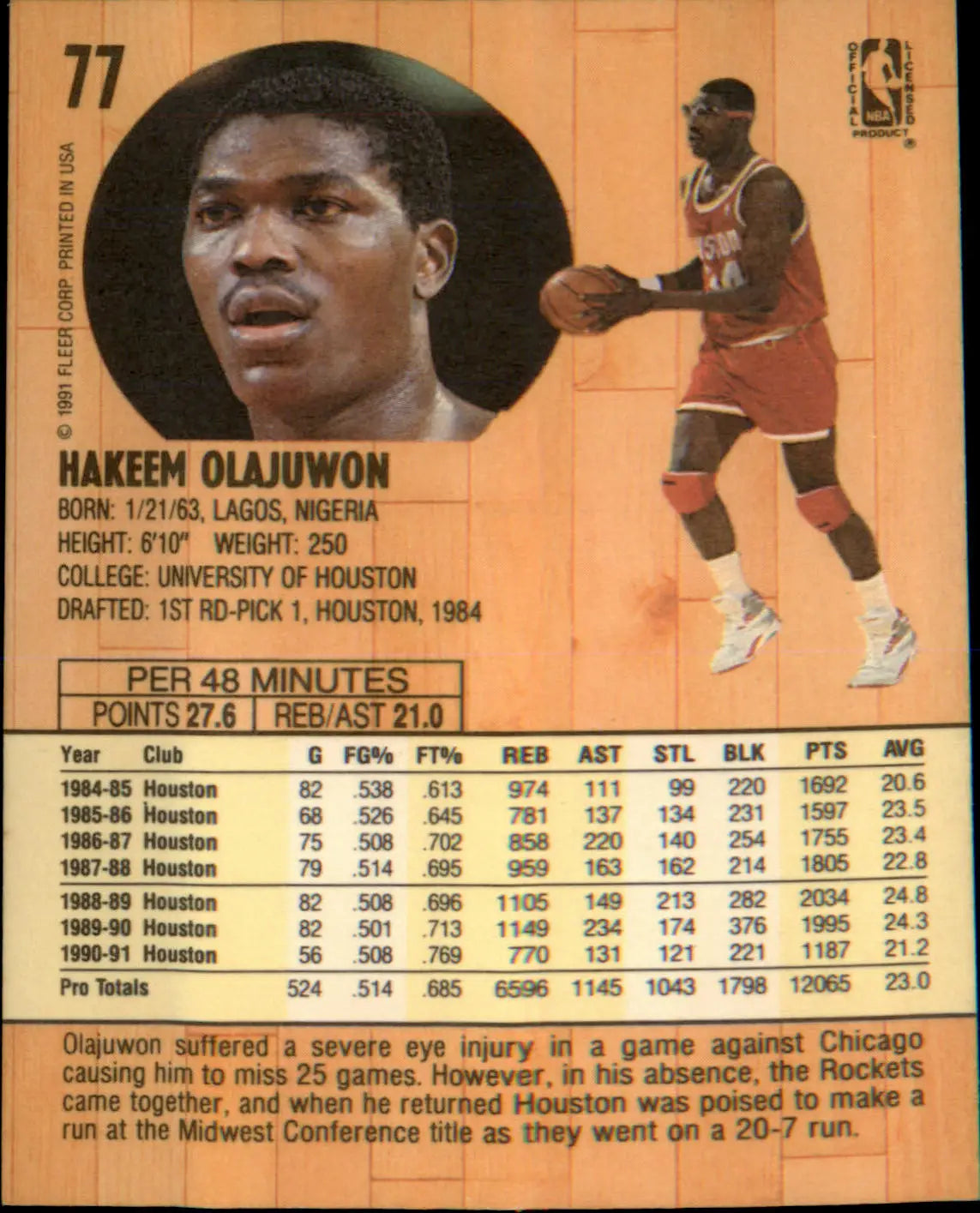 1991-92 Fleer #77 Hakeem Olajuwon - Basketball Card Single