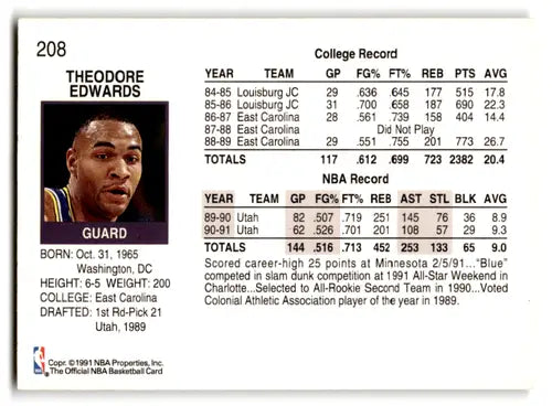1991-92 Hoops #208 Blue Edwards NM Near Mint Jazz UER ID:82101 - Basketball Card Single