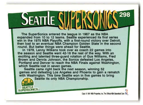 1991-92 Hoops #298 Seattle Supersonics NM Near Mint ID:82103 - Basketball Card Single