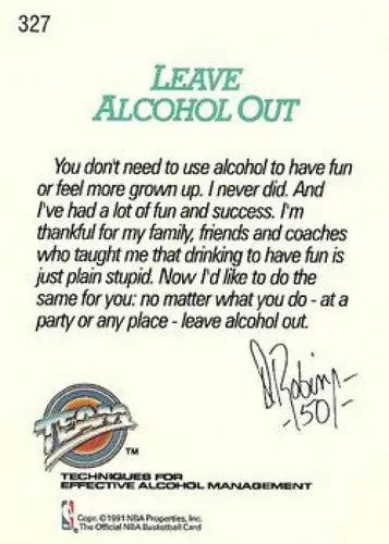 Anti-alcohol message on a basketball card featuring David Robinson from 1991-92 Hoops