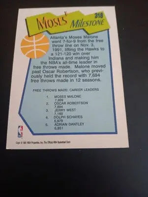 1991-92 NBA Hoops - Milestones Moses Malone #318. Hawks. NRMT+ - Basketball Card Single