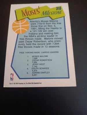 1991-92 NBA Hoops - Milestones Moses Malone #318. Hawks. NRMT+ - Basketball Card Single