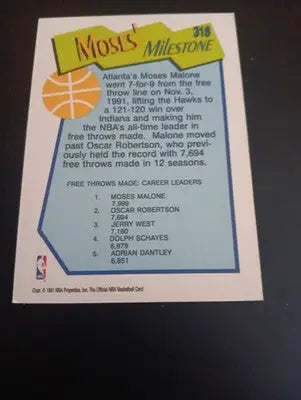 1991-92 NBA Hoops - Milestones Moses Malone #318. Hawks. NRMT+ - Basketball Card Single