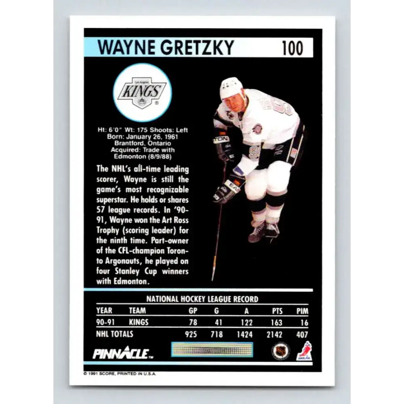 1991-92 Pinnacle #100 Wayne Gretzky NM-MT Los Angeles Kings Hockey Card - Hockey Card Single