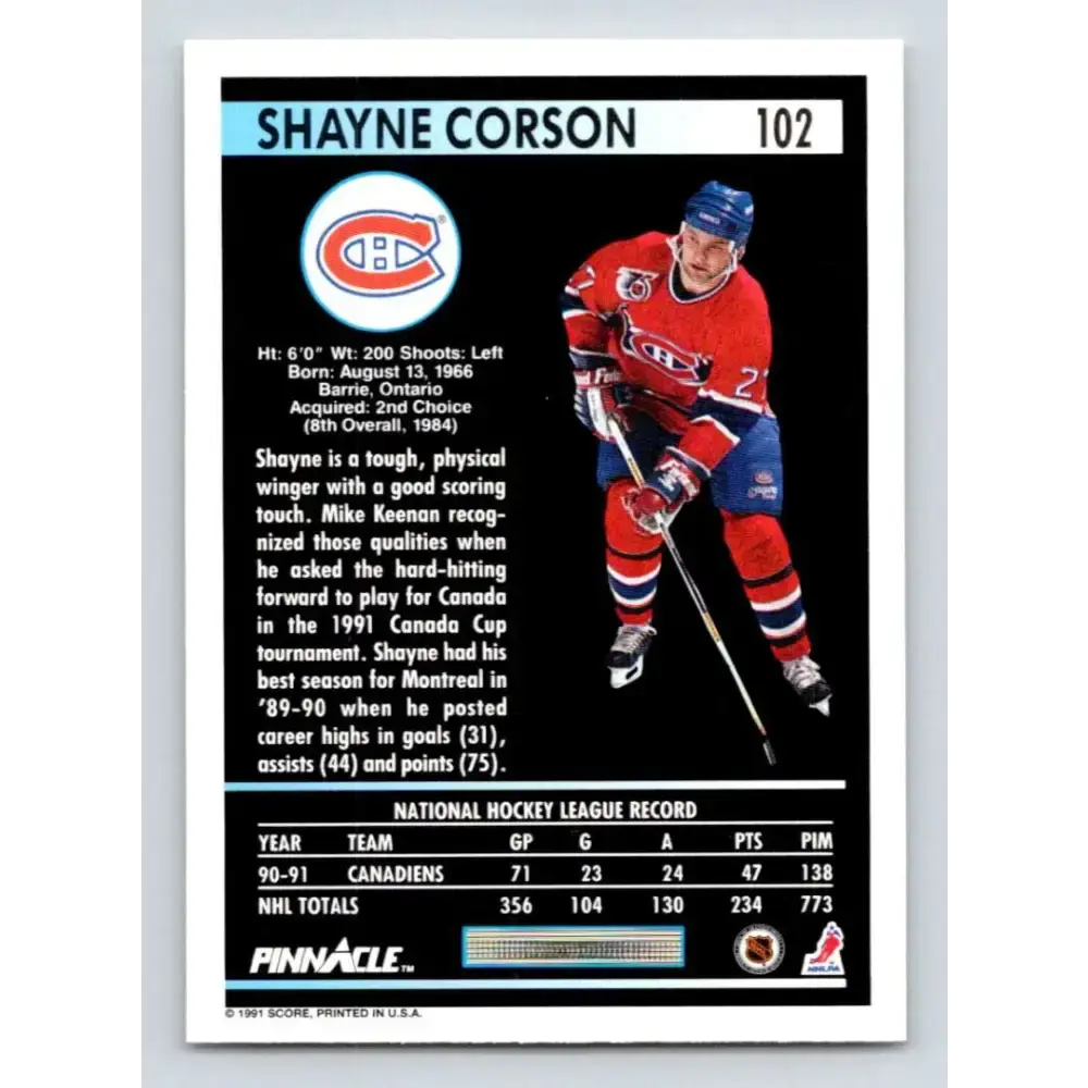 1991-92 Pinnacle #102 Shayne Corson NM-MT Montreal Canadiens Hockey Card - Hockey Card Single