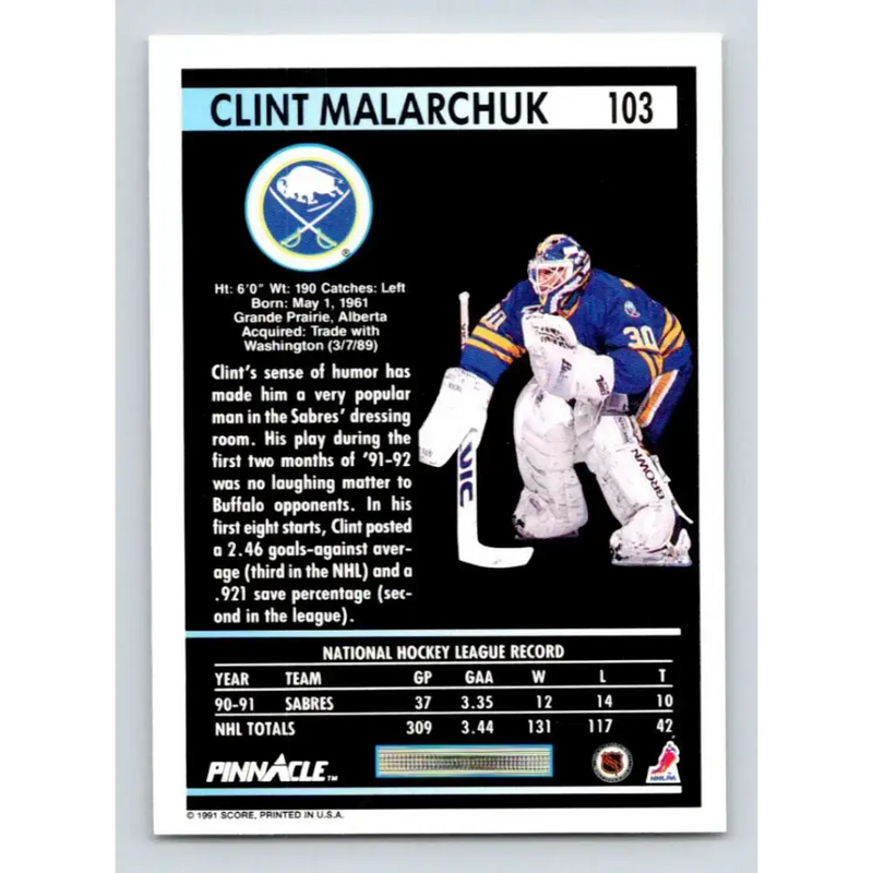 1991-92 Pinnacle #103 Clint Malarchuk NM-MT Buffalo Sabres Hockey Card - Hockey Card Single