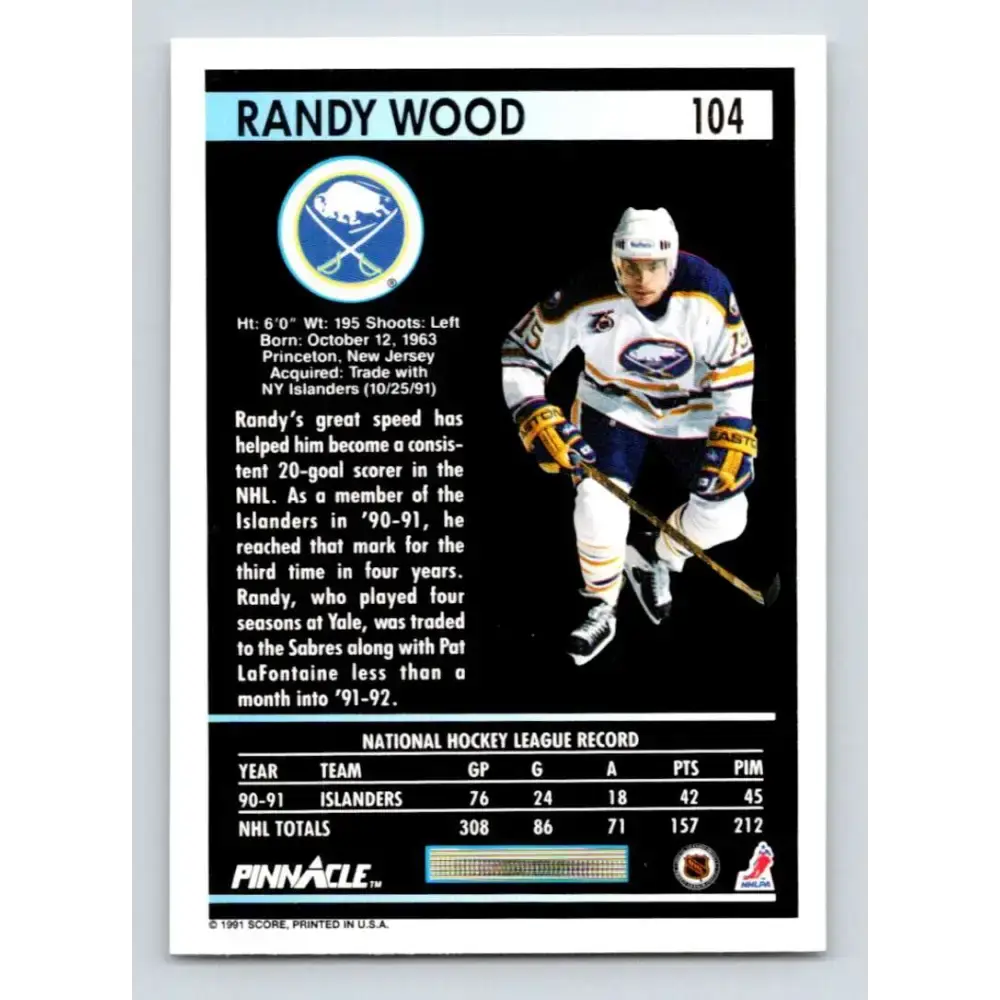 1991-92 Pinnacle #104 Randy Wood NM-MT Buffalo Sabres Hockey Card - Hockey Card Single