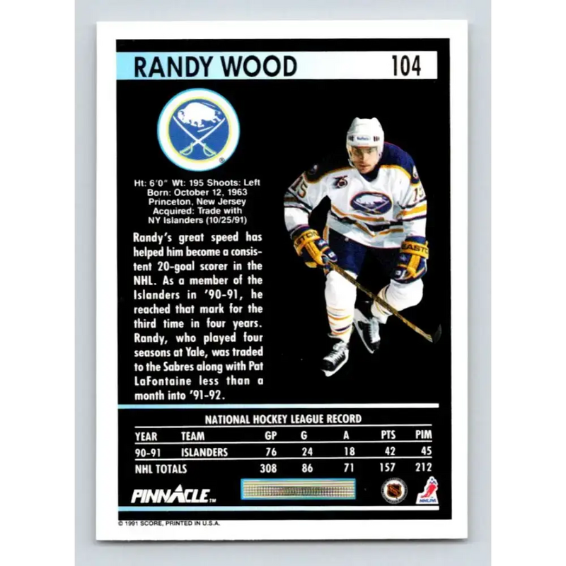 1991-92 Pinnacle #104 Randy Wood NM-MT Buffalo Sabres Hockey Card - Hockey Card Single