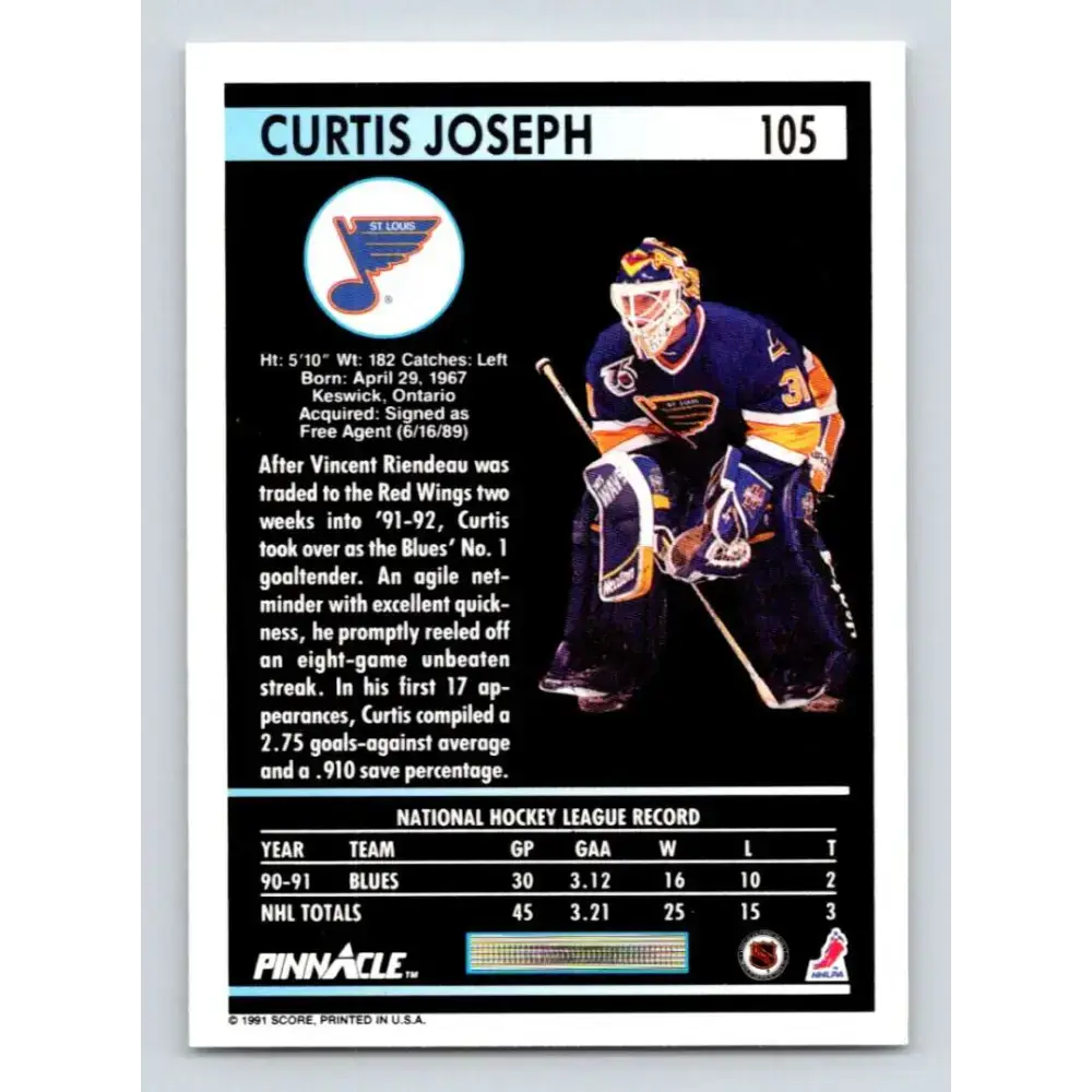 1991-92 Pinnacle #105 Curtis Joseph NM-MT St. Louis Blues Hockey Card - Hockey Card Single