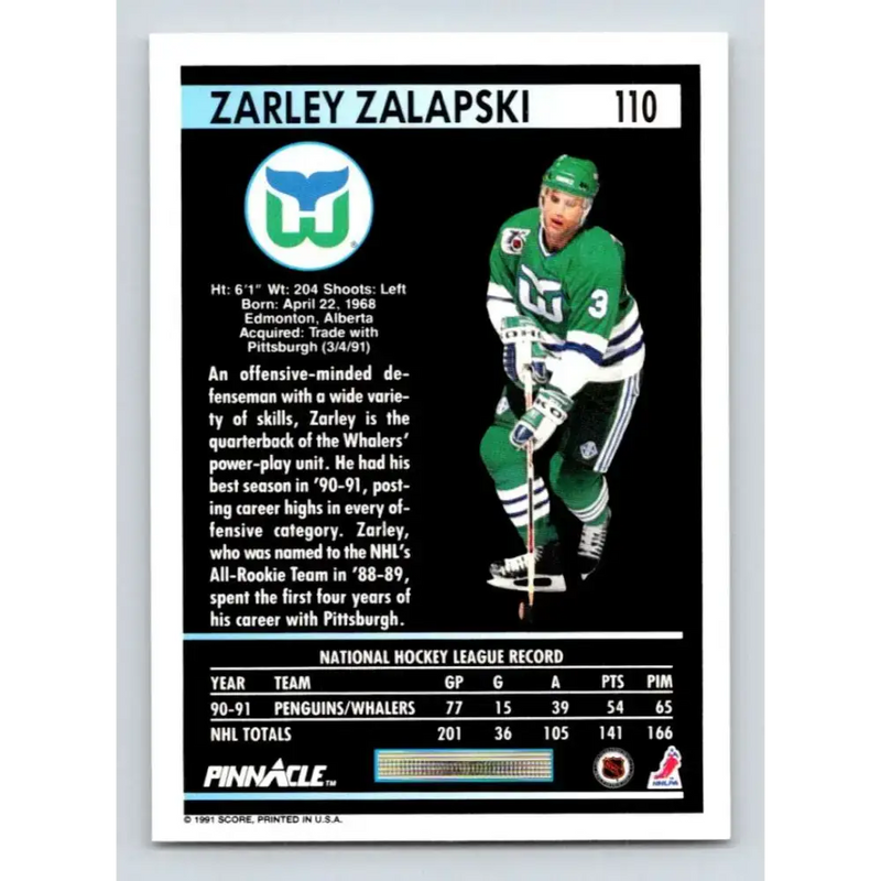1991-92 Pinnacle #110 Zarley Zalapski NM-MT Hartford Whalers Hockey Card - Hockey Card Single