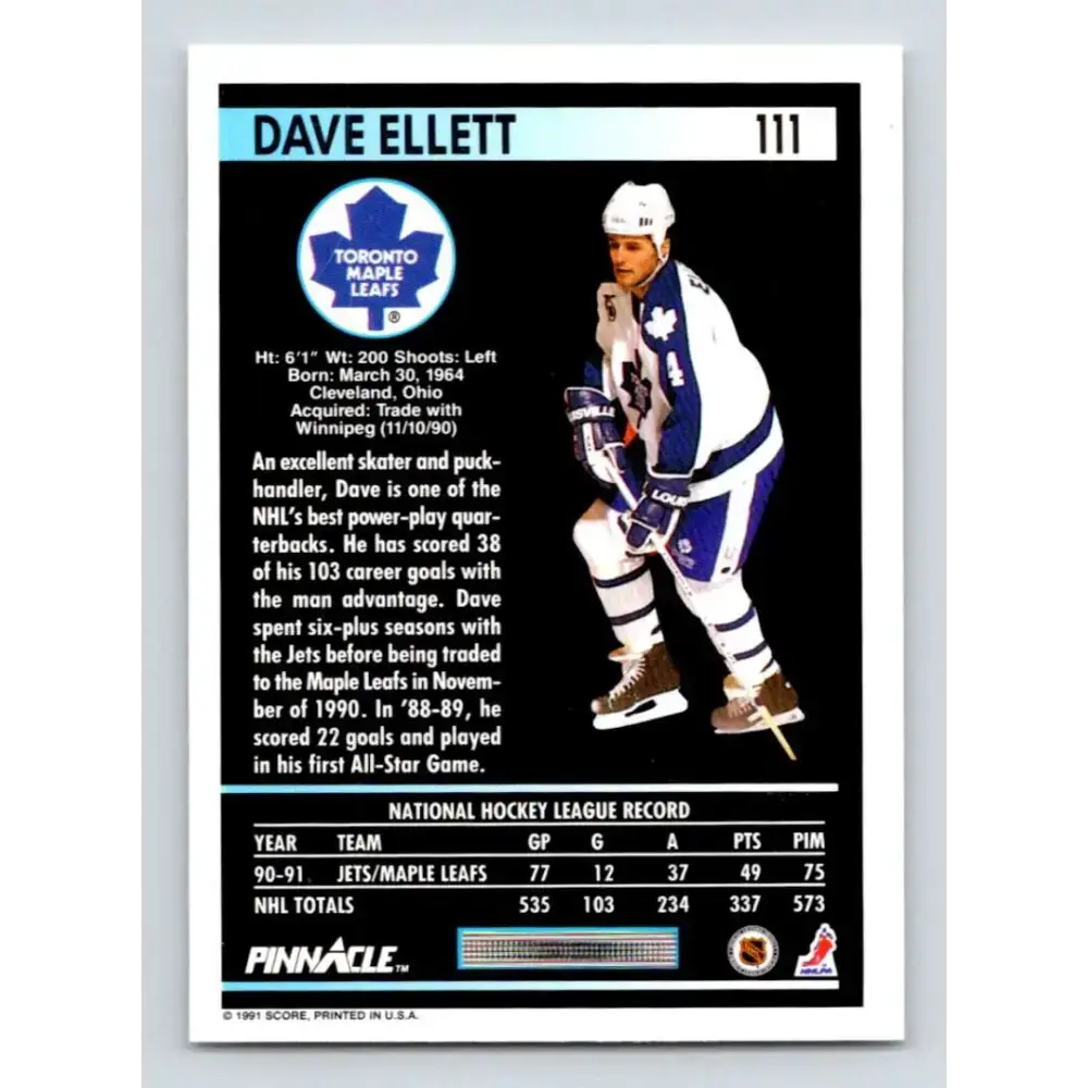 1991-92 Pinnacle #111 Dave Ellett NM-MT Toronto Maple Leafs Hockey Card - Hockey Card Single