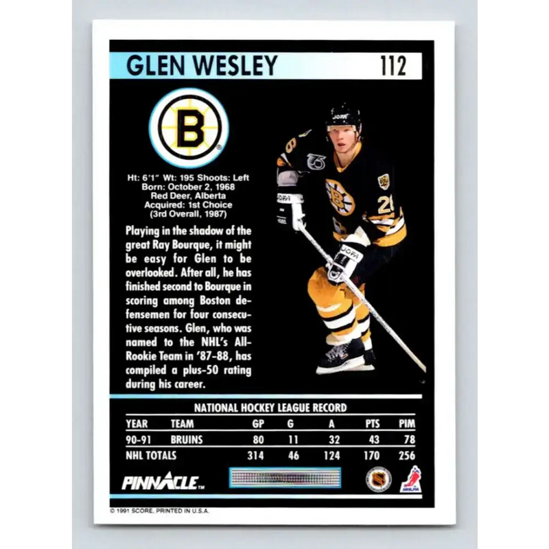 1991-92 Pinnacle #112 Glen Wesley NM-MT Boston Bruins Hockey Card - Hockey Card Single