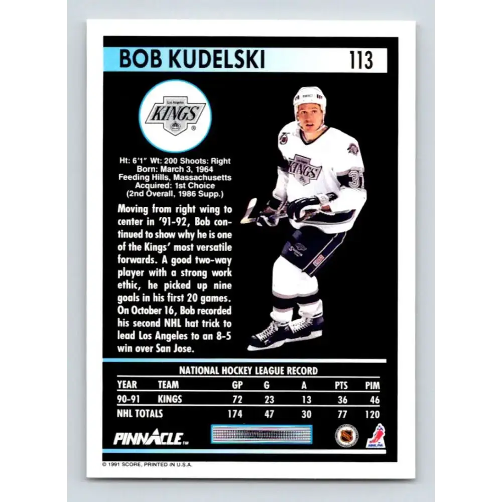 1991-92 Pinnacle #113 Bob Kudelski NM-MT Los Angeles Kings Hockey Card - Hockey Card Single