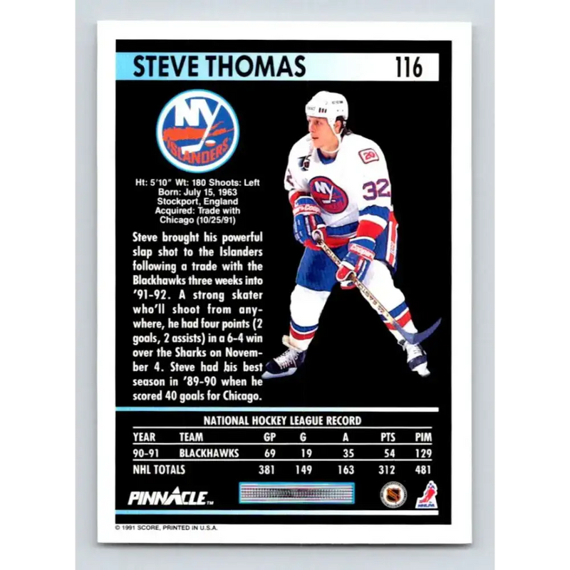 1991-92 Pinnacle #116 Steve Thomas NM-MT New York Islanders Hockey Card - Hockey Card Single