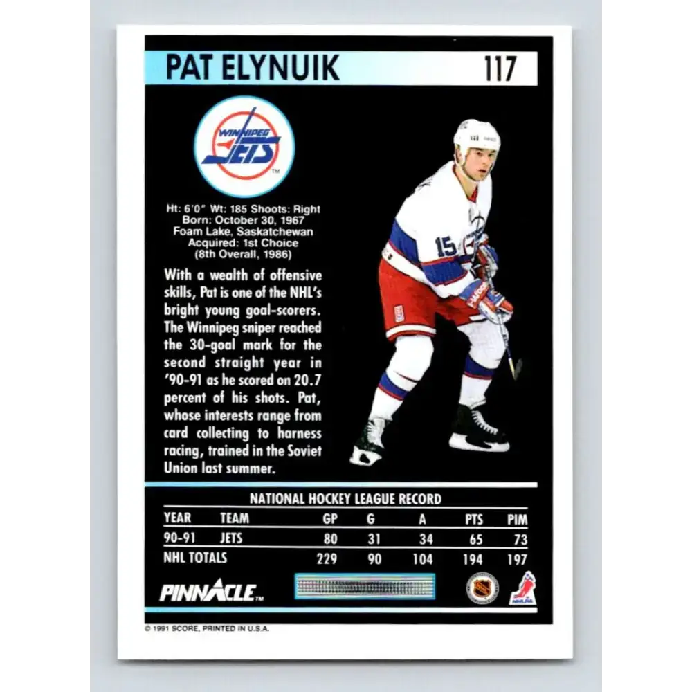 1991-92 Pinnacle #117 Pat Elynuik NM-MT Winnipeg Jets Hockey Card - Hockey Card Single