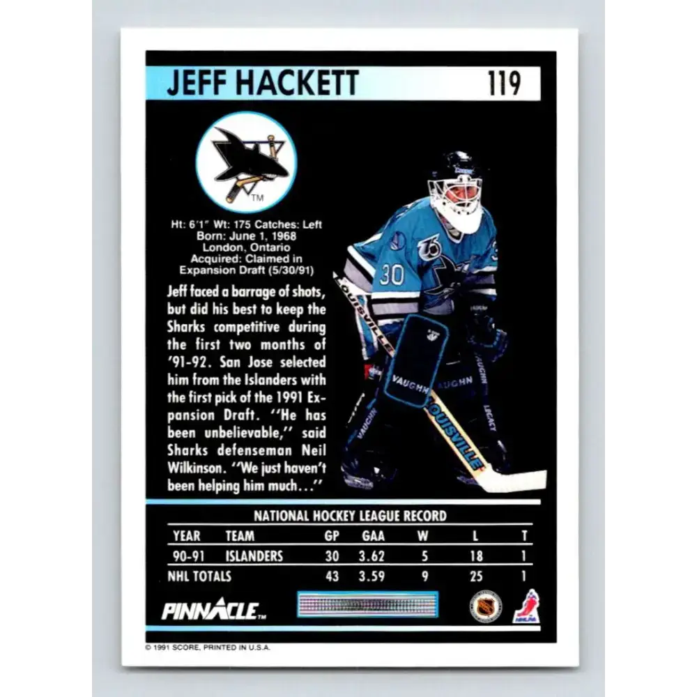 1991-92 Pinnacle #119 Jeff Hackett NM-MT San Jose Sharks Hockey Card - Hockey Card Single