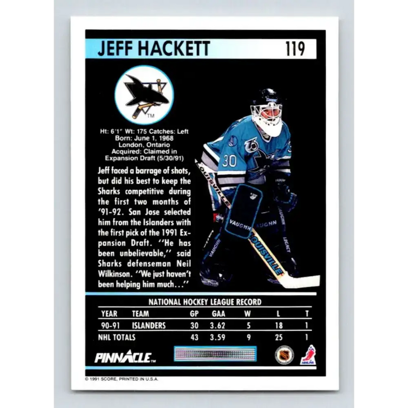 1991-92 Pinnacle #119 Jeff Hackett NM-MT San Jose Sharks Hockey Card - Hockey Card Single
