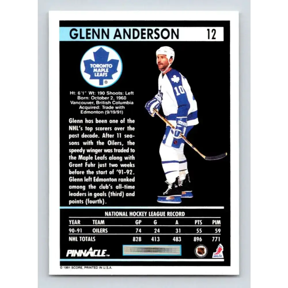 1991-92 Pinnacle #12 Glenn Anderson NM-MT Toronto Maple Leafs Hockey Card - Hockey Card Single