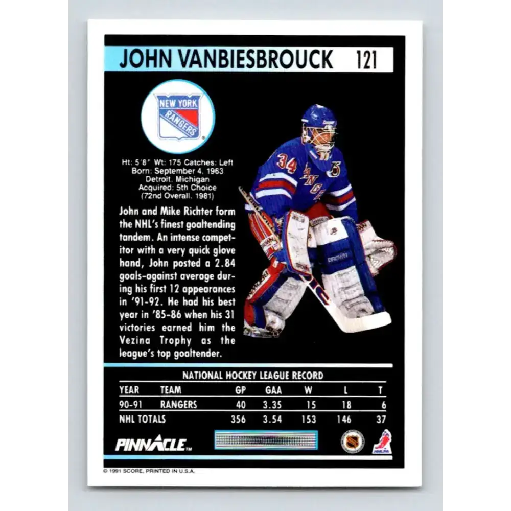 1991-92 Pinnacle #121 John Vanbiesbrouck NM-MT New York Rangers Hockey Card - Hockey Card Single