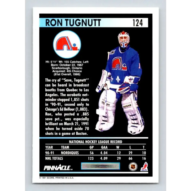 1991-92 Pinnacle #124 Ron Tugnutt NM-MT Quebec Nordiques Hockey Card - Hockey Card Single