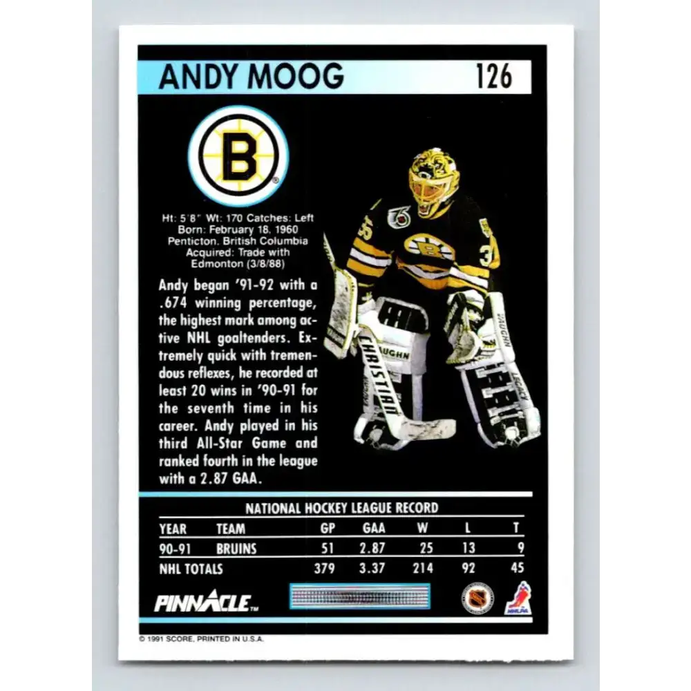 1991-92 Pinnacle #126 Andy Moog NM-MT Boston Bruins Hockey Card - Hockey Card Single