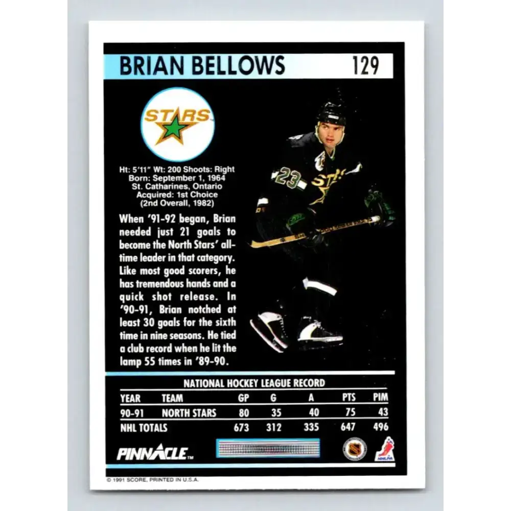 1991-92 Pinnacle #129 Brian Bellows NM-MT Minnesota North Stars Hockey Card - Hockey Card Single