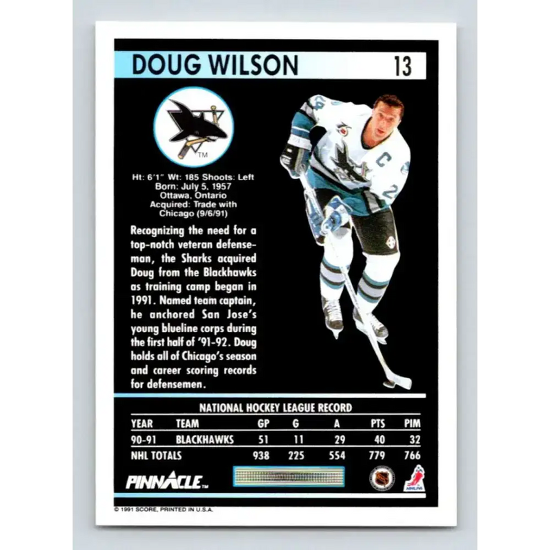 1991-92 Pinnacle #13 Doug Wilson NM-MT San Jose Sharks Hockey Card - Hockey Card Single