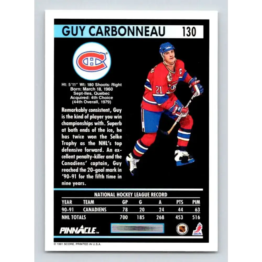 1991-92 Pinnacle #130 Guy Carbonneau NM-MT Montreal Canadiens Hockey Card - Hockey Card Single