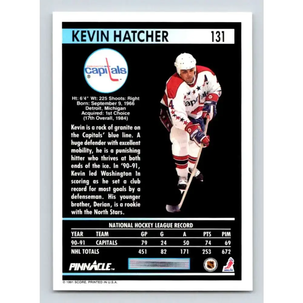 1991-92 Pinnacle #131 Kevin Hatcher NM-MT Washington Capitals Hockey Card - Hockey Card Single