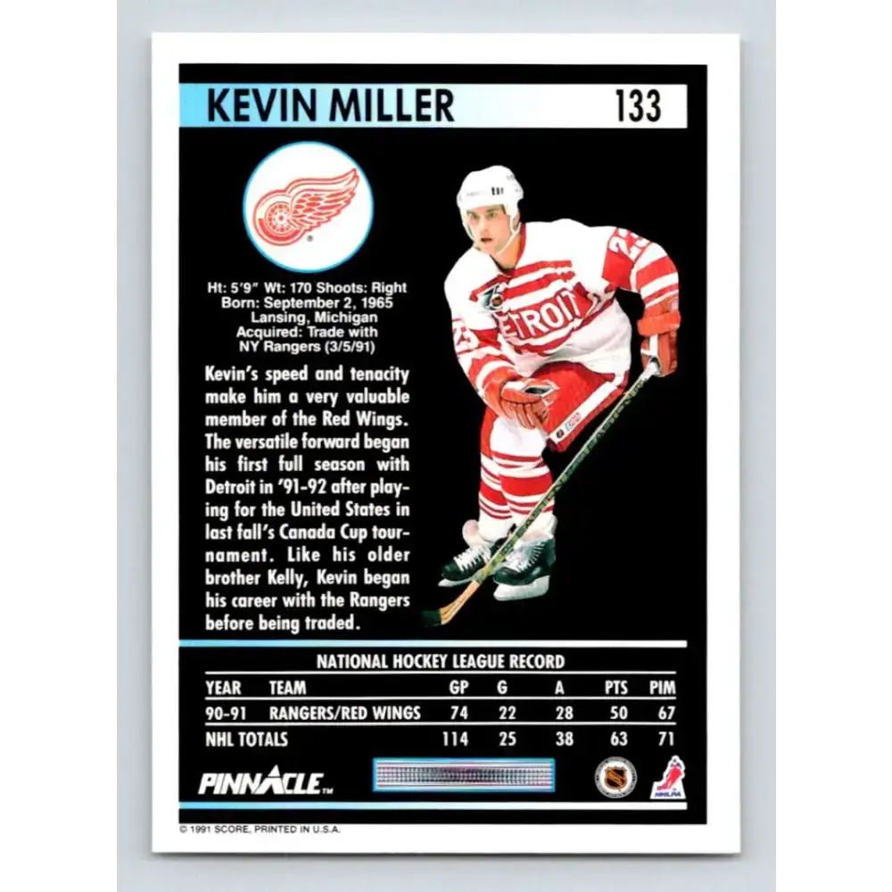 1991-92 Pinnacle #133 Kevin Miller NM-MT Detroit Red Wings Hockey Card - Hockey Card Single