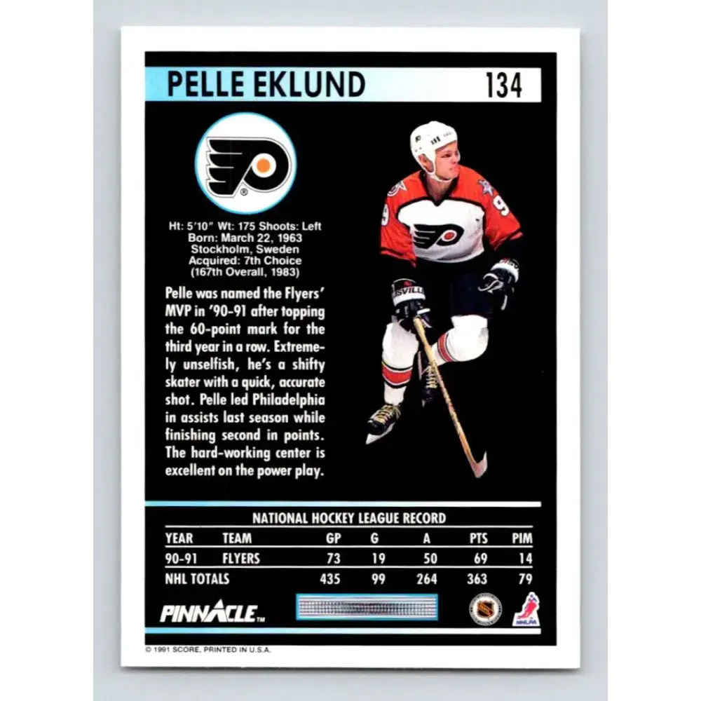 1991-92 Pinnacle #134 Pelle Eklund NM-MT Philadelphia Flyers Hockey Card - Hockey Card Single