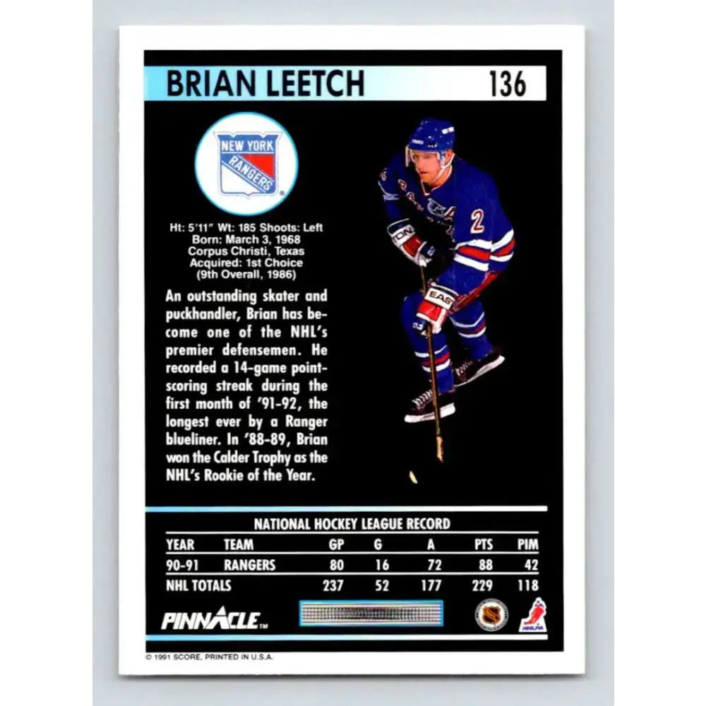 1991-92 Pinnacle #136 Brian Leetch NM-MT New York Rangers Hockey Card - Hockey Card Single