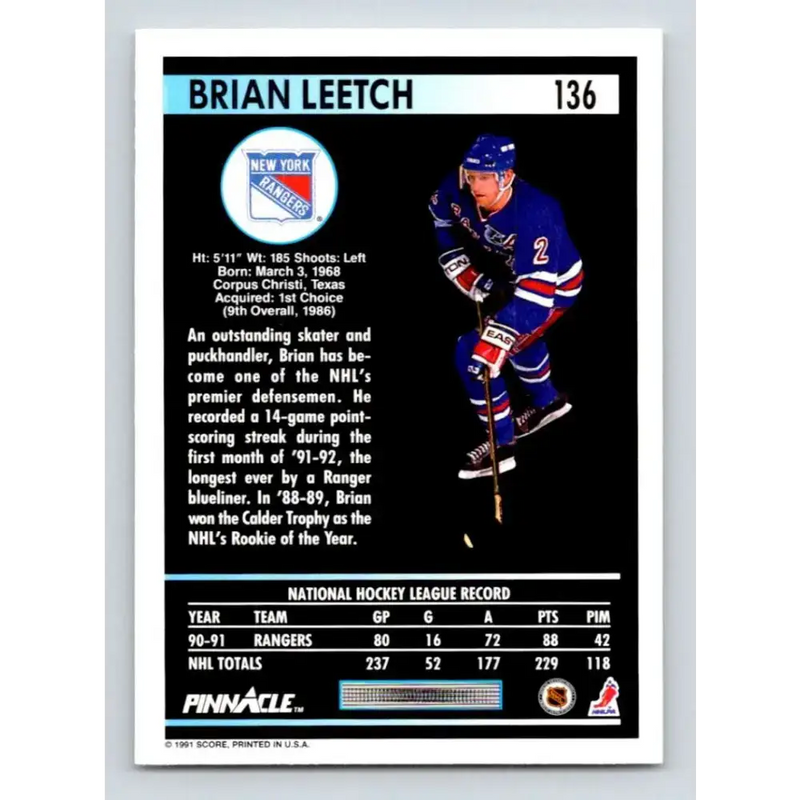 1991-92 Pinnacle #136 Brian Leetch NM-MT New York Rangers Hockey Card - Hockey Card Single