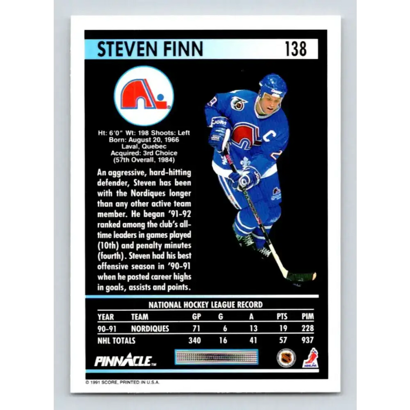1991-92 Pinnacle #138 Steven Finn NM-MT Quebec Nordiques Hockey Card - Hockey Card Single