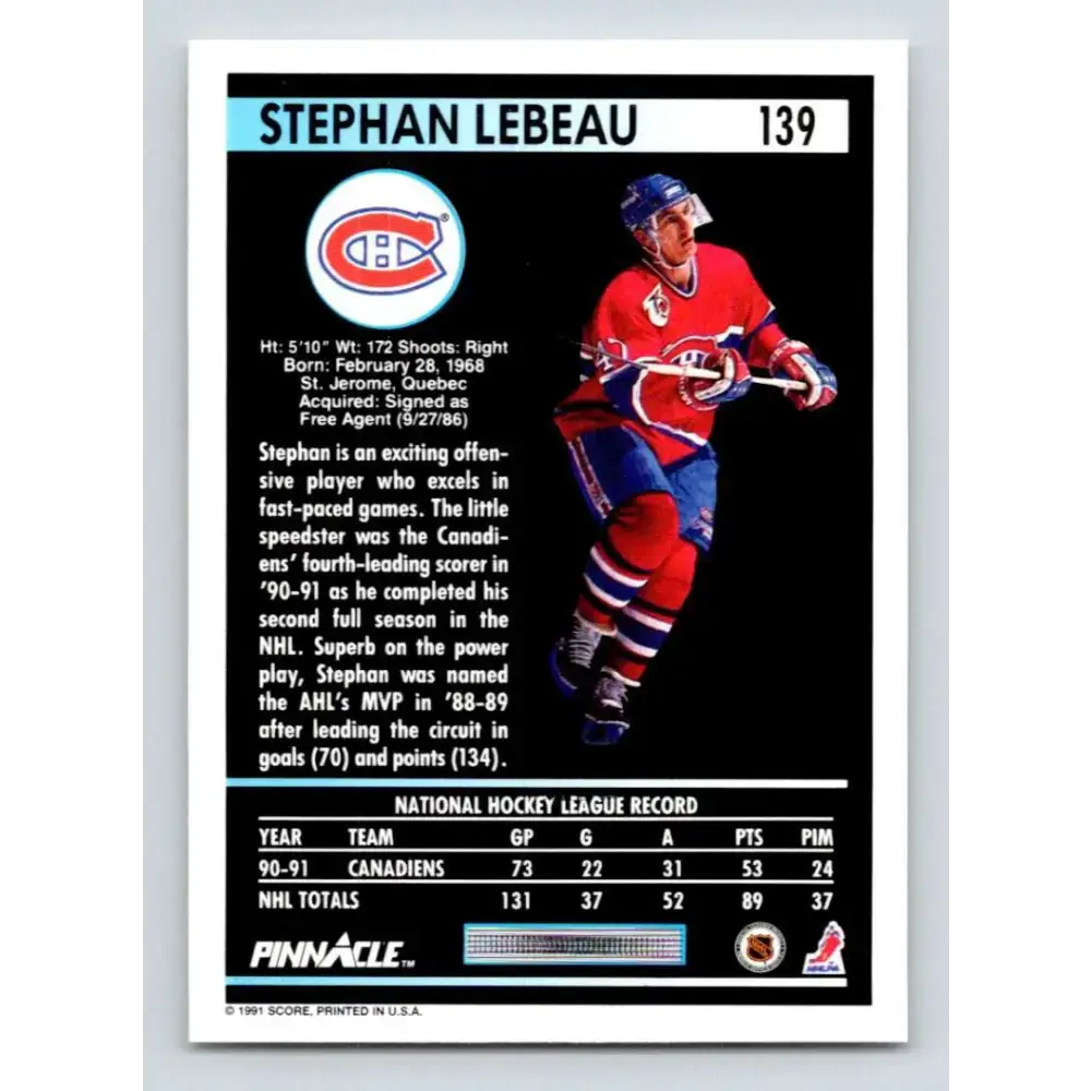 1991-92 Pinnacle #139 Stephan Lebeau NM-MT Montreal Canadiens Hockey Card - Hockey Card Single