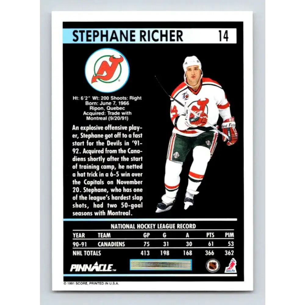 1991-92 Pinnacle #14 Stephane Richer NM-MT New Jersey Devils Hockey Card - Hockey Card Single