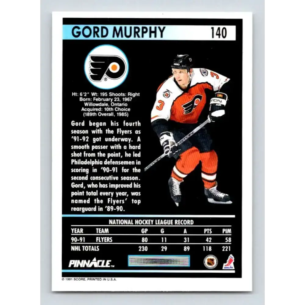 1991-92 Pinnacle #140 Gord Murphy NM-MT Philadelphia Flyers Hockey Card - Hockey Card Single