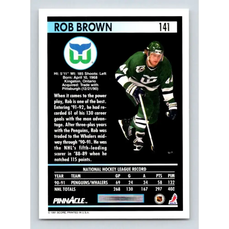 1991-92 Pinnacle #141 Rob Brown NM-MT Hartford Whalers Hockey Card - Hockey Card Single