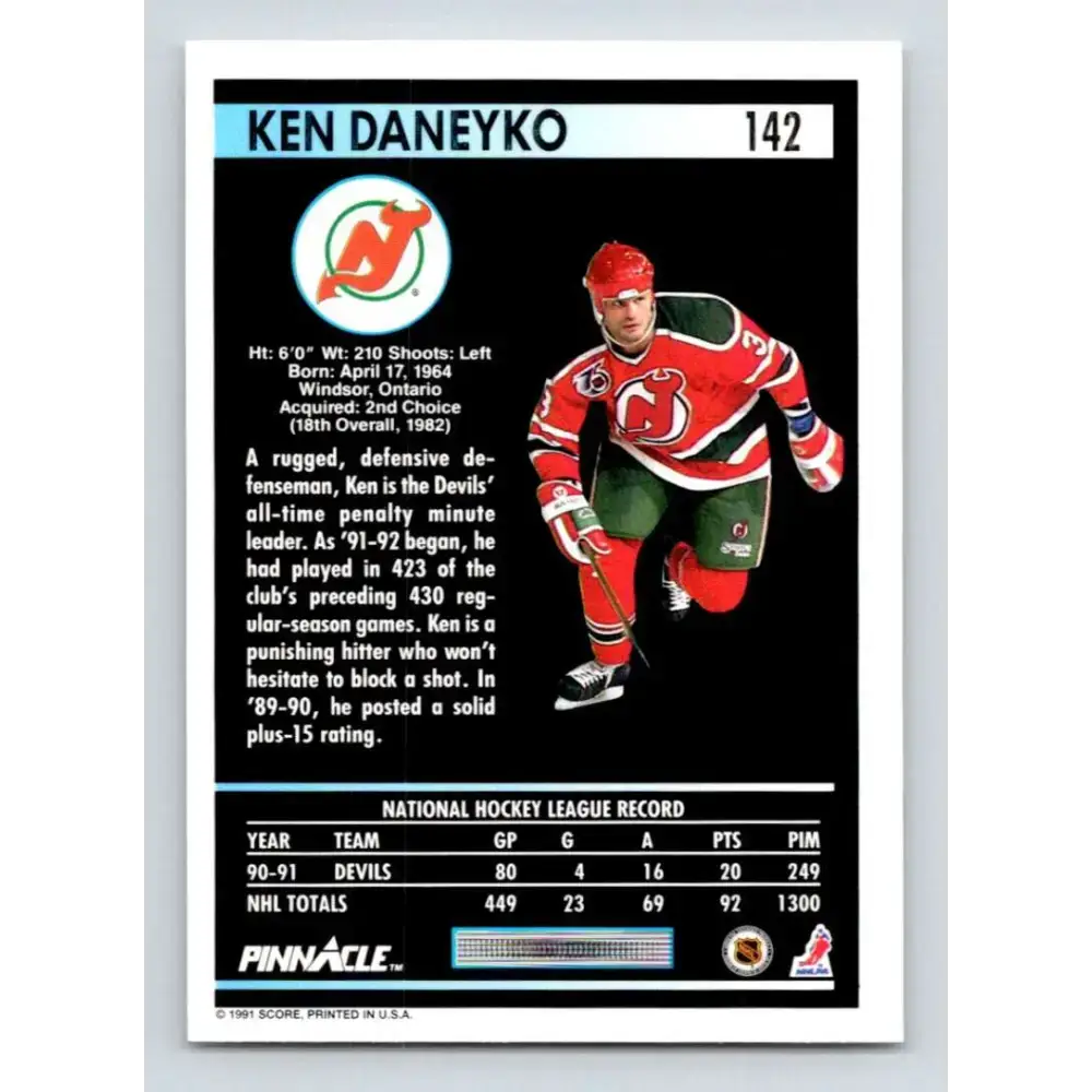 1991-92 Pinnacle #142 Ken Daneyko NM-MT New Jersey Devils Hockey Card - Hockey Card Single