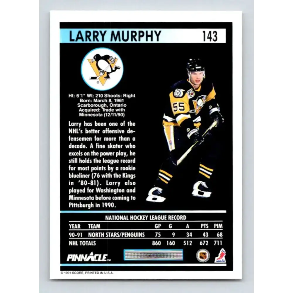 1991-92 Pinnacle #143 Larry Murphy NM-MT Pittsburgh Penguins Hockey Card - Hockey Card Single
