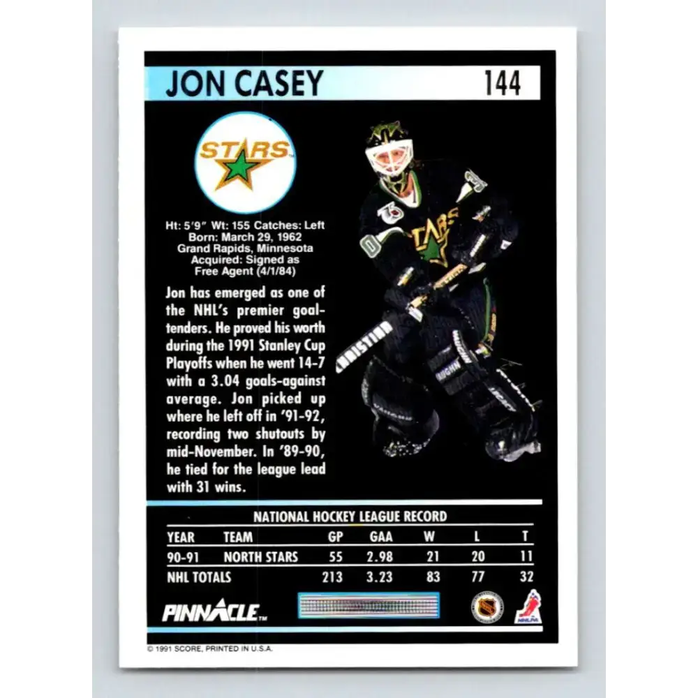 1991-92 Pinnacle #144 Jon Casey NM-MT Minnesota North Stars Hockey Card - Hockey Card Single