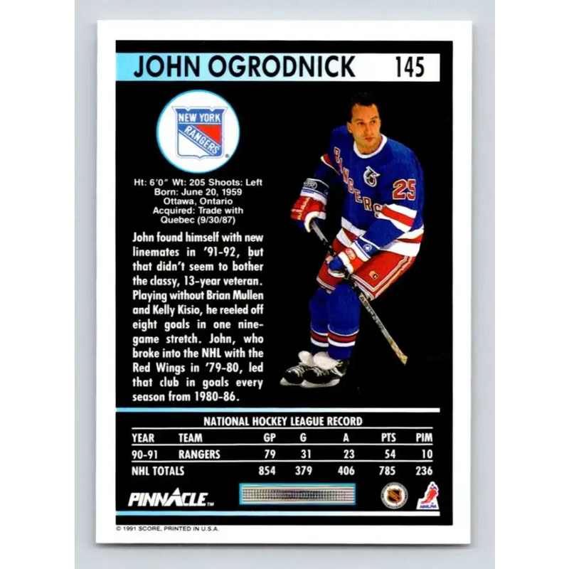 1991-92 Pinnacle #145 John Ogrodnick NM-MT New York Rangers Hockey Card - Hockey Card Single