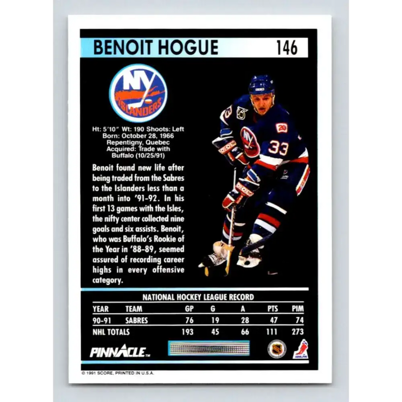 1991-92 Pinnacle #146 Benoit Hogue NM-MT New York Islanders Hockey Card - Hockey Card Single